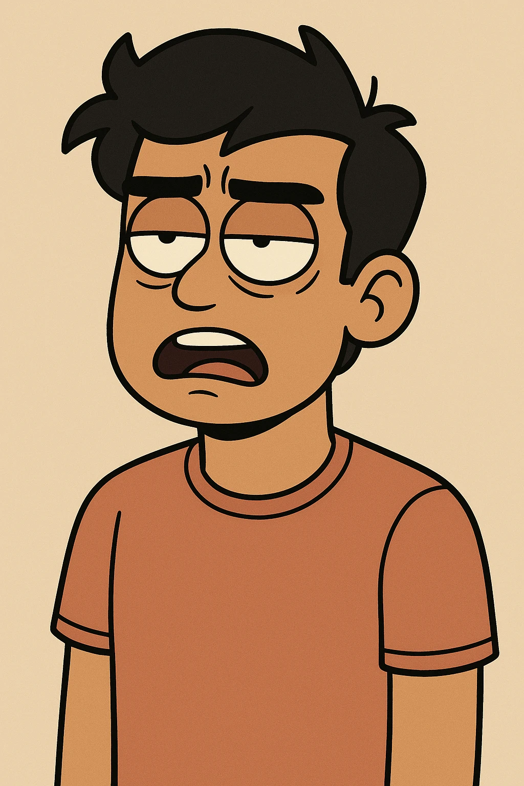 tan complexion male, black hair, rolling eyes, cartoon style emoji