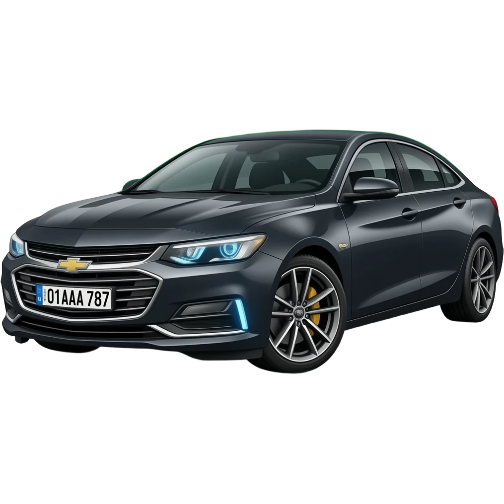 A realistic icon emoji of a metallic black sedan Chevrolet Malibu 2.0L Turbo Premier, wide shot, dark charcoal tint windows, black alloy 5-spoke rims, Dynamic sky blue glow LED headlights with sharp laser-beam effect, uzbekistan flag region, number texts "🇺🇿 01 AAA 787" in plate emoji