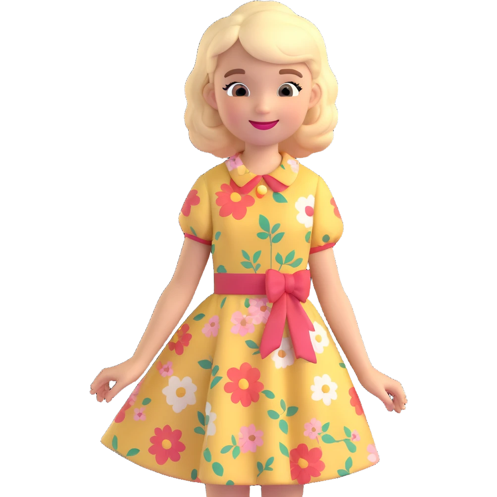 girl in a vintage floral dress, smiling, retro hairstyle emoji