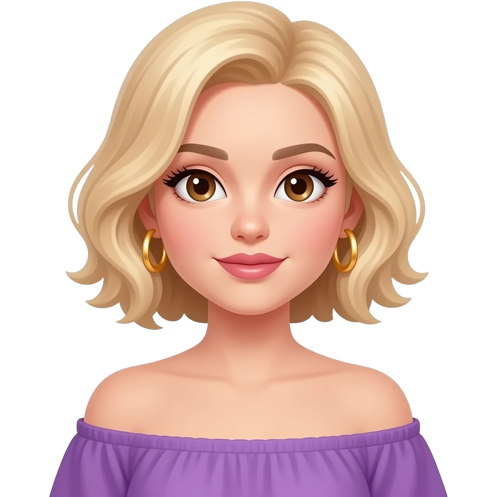white girl, very beautiful woman, with big plump lips, long long lashes, short wavy blonde hair, brown eyes, purple off-shoulder top, gold hoop earrings emoji