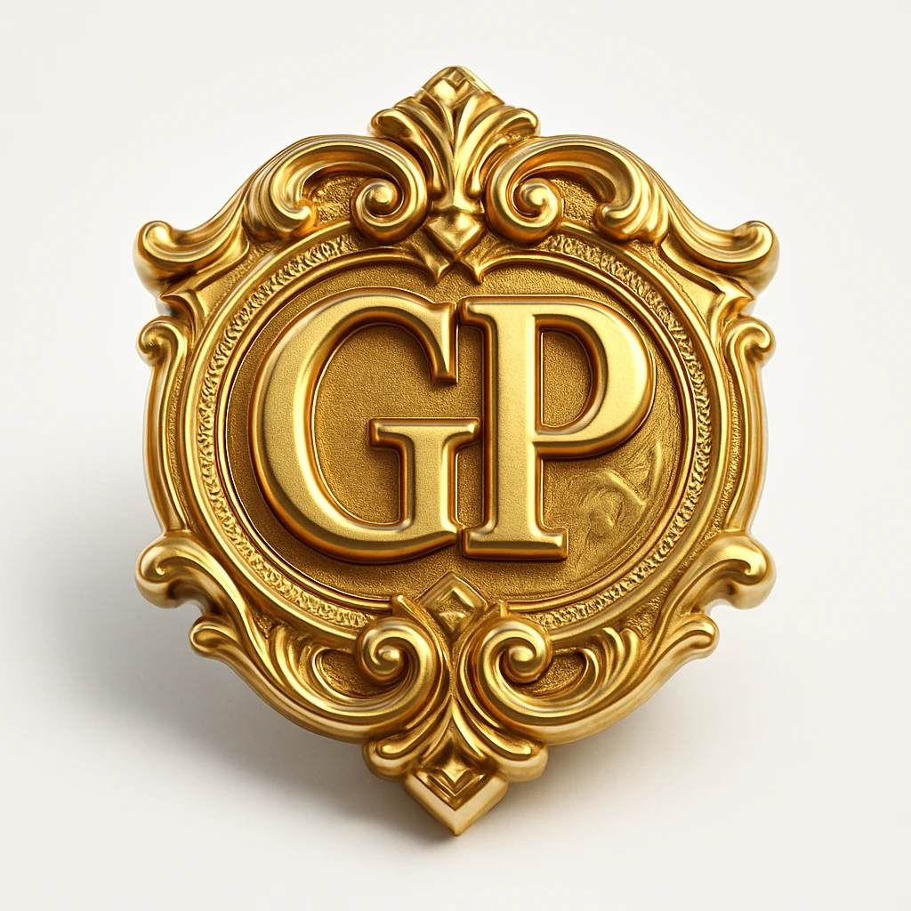 gold emblem with GP in the center, ornate and reflective, in gold objects style emoji