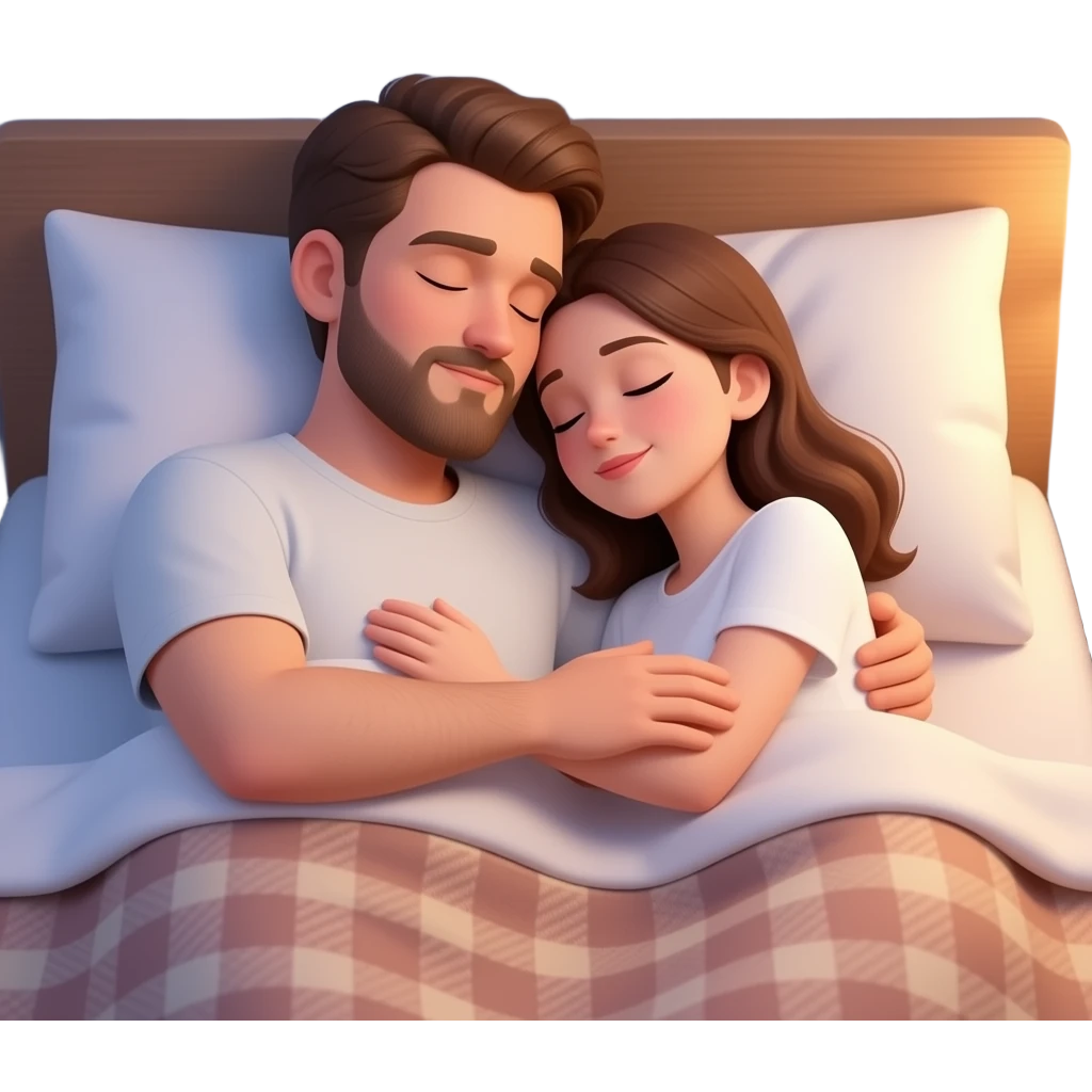 Realistic white man brown hair with beard hugging while sleeping in bed with white girl brown hair emoji