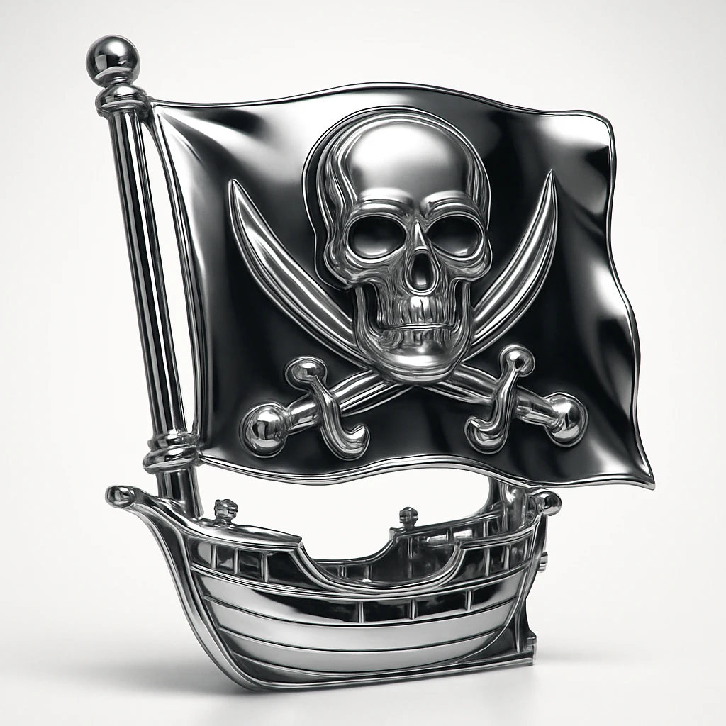 chrome style close-up of pirate ship focusing on flag with chrome emblem based on skull and crossed bones, ship's chrome details glinting in the light emoji