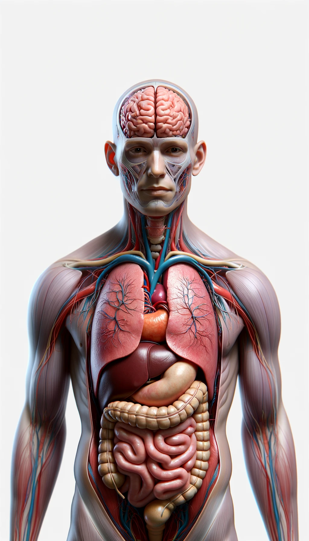 corpo umano anatomico con cervello, intestino e stomaco in evidenza, espressione neutra in volto, posa frontale, iperrealistico 4k, isolato su sfondo bianco emoji