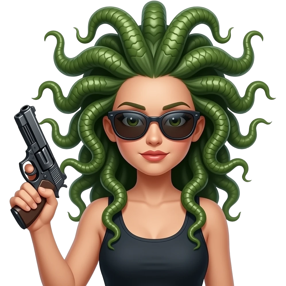 Beautiful Medusa with sunglasses holding gun emoji