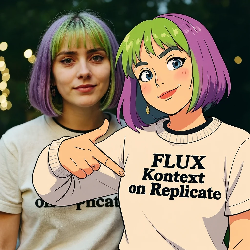 make a image of a girl with a anime version of that girl beside her wearing tshirt with text of FLUX Kontext emoji