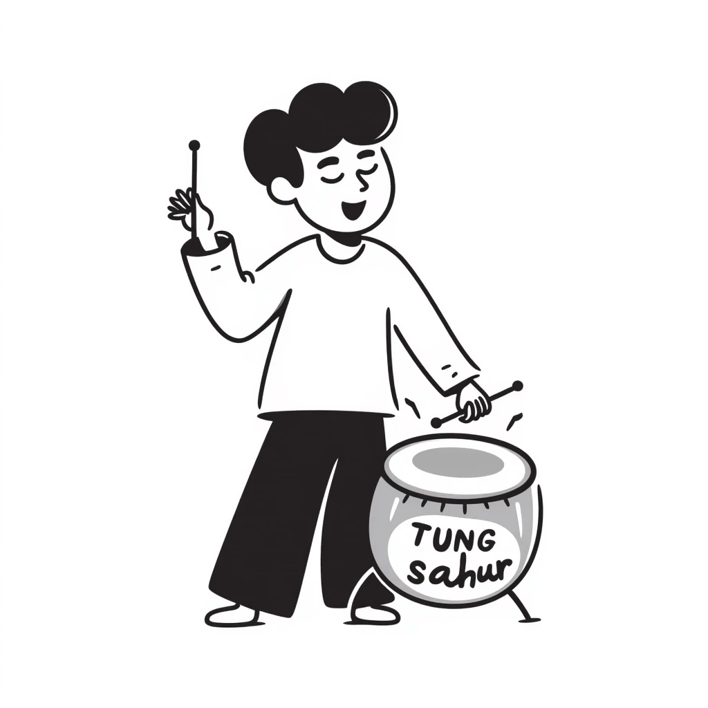a lively person enthusiastically beating a drum with the words 'tung tung tung tung sahur', capturing the festive spirit of sahur drumming during Ramadan, hand drawn doodle style emoji