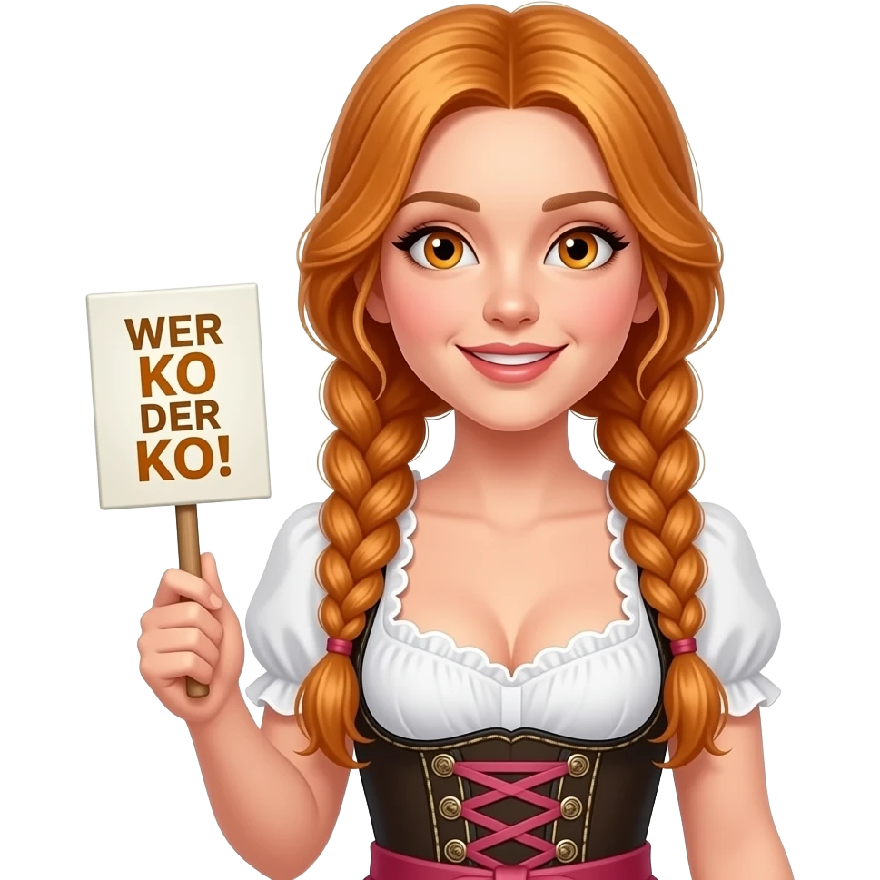 sexy girl with overlong ginger hair in braids and ginger eyes wearing a dirndl holding a WER KO DER KO! sign emoji