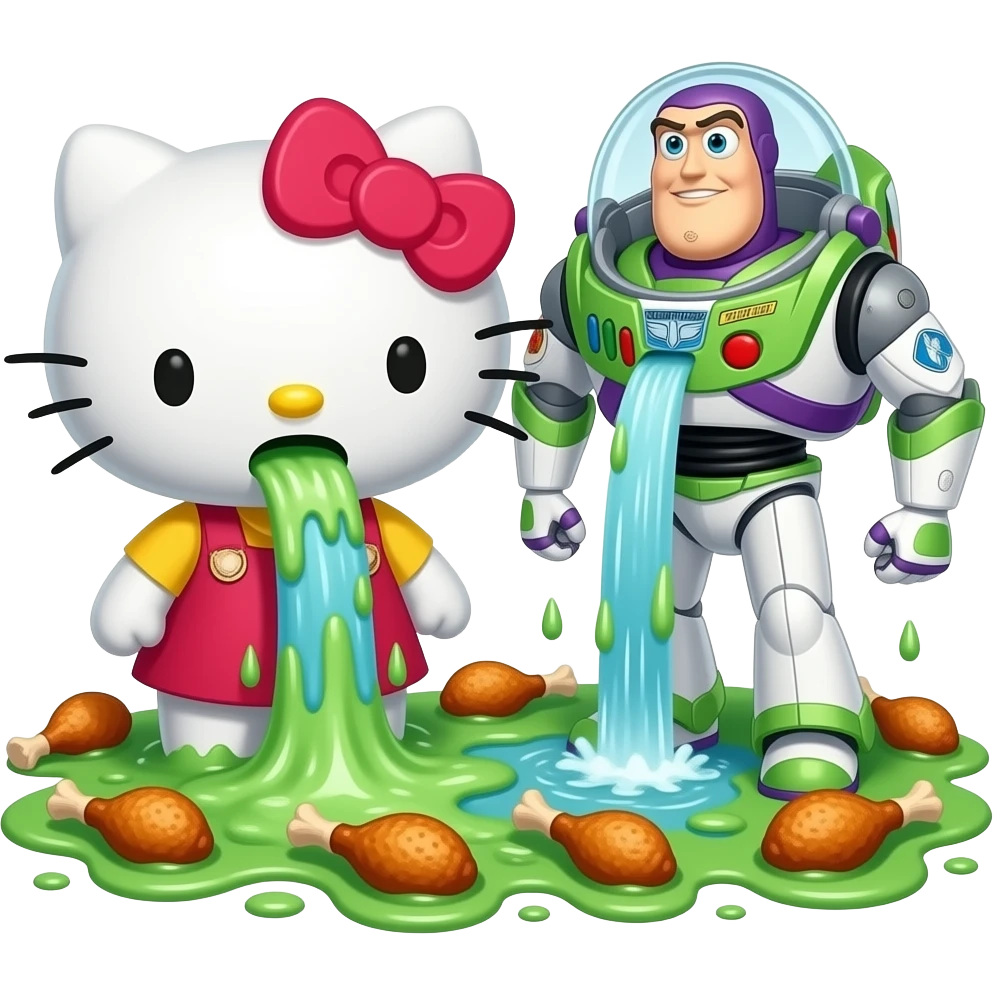 green and white, throwing up, Hello Kitty and Buzz throwing up together, a lot, covering the ground in vomit, Niagara Falls coming out of her mouth, with bits of food in it, fried chicken drumsticks emoji
