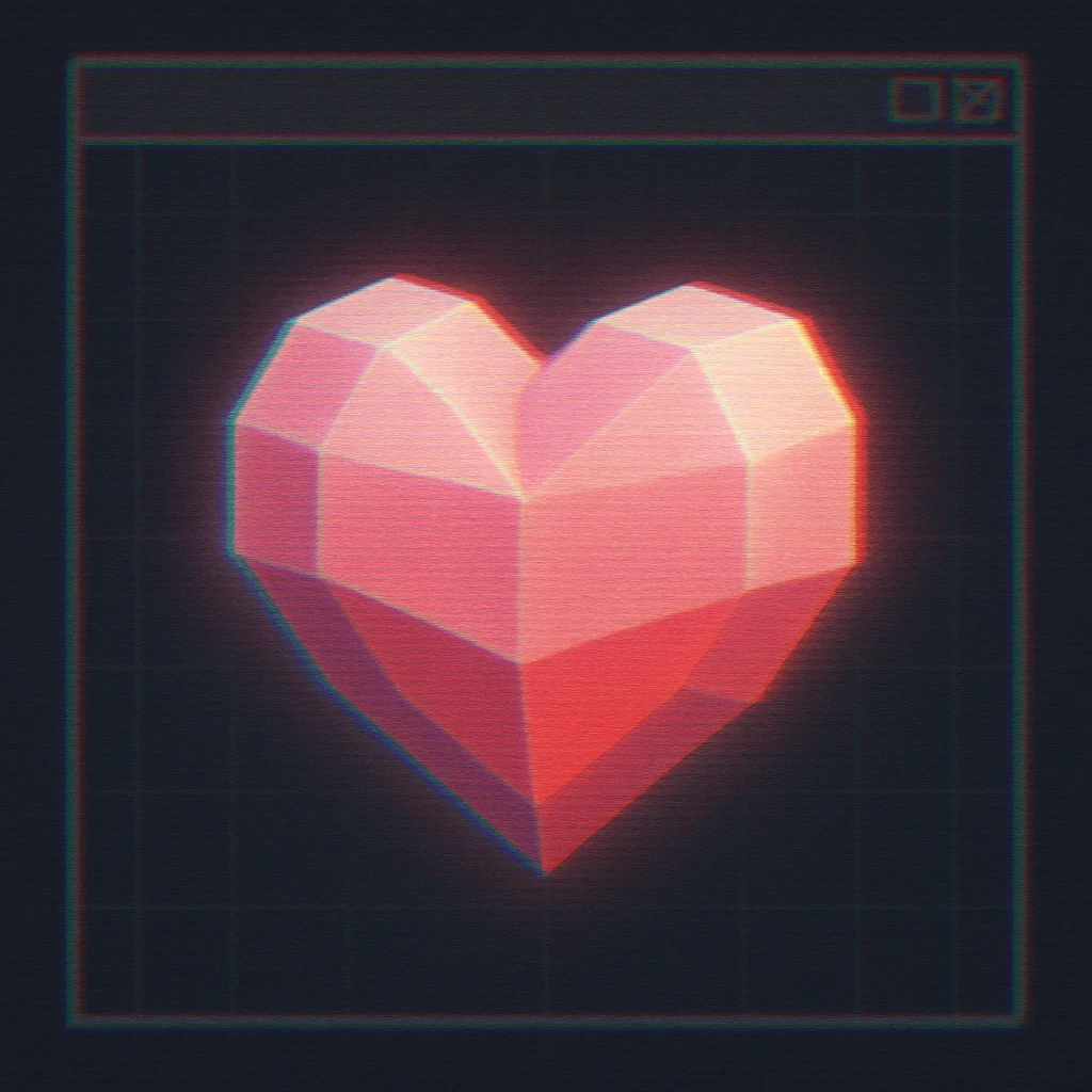 Low-poly 3D heart icon with a cute but vintage feel, slightly pixelated edges, CRT glow effect, pink-to-red gradient with subtle scanline texture, VHS distortion, color bleed, slight blur, retro desktop-style background emoji