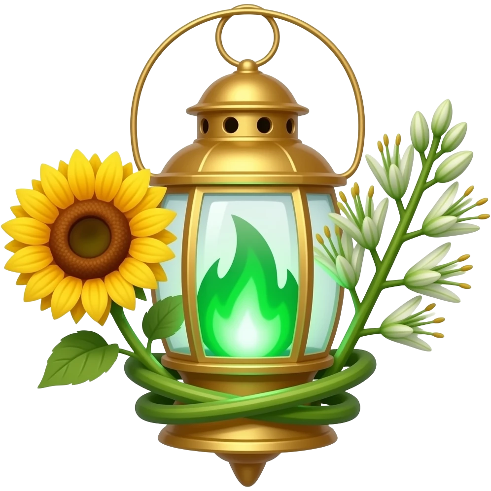 A golden hanging lantern with a bright emerald flames, an empty loop on top, blooming sunflower (l) & asphodel (r) wrapping it, focus more on the green fire, paint the glass more green, have its bottom point come to some sort of point emoji
