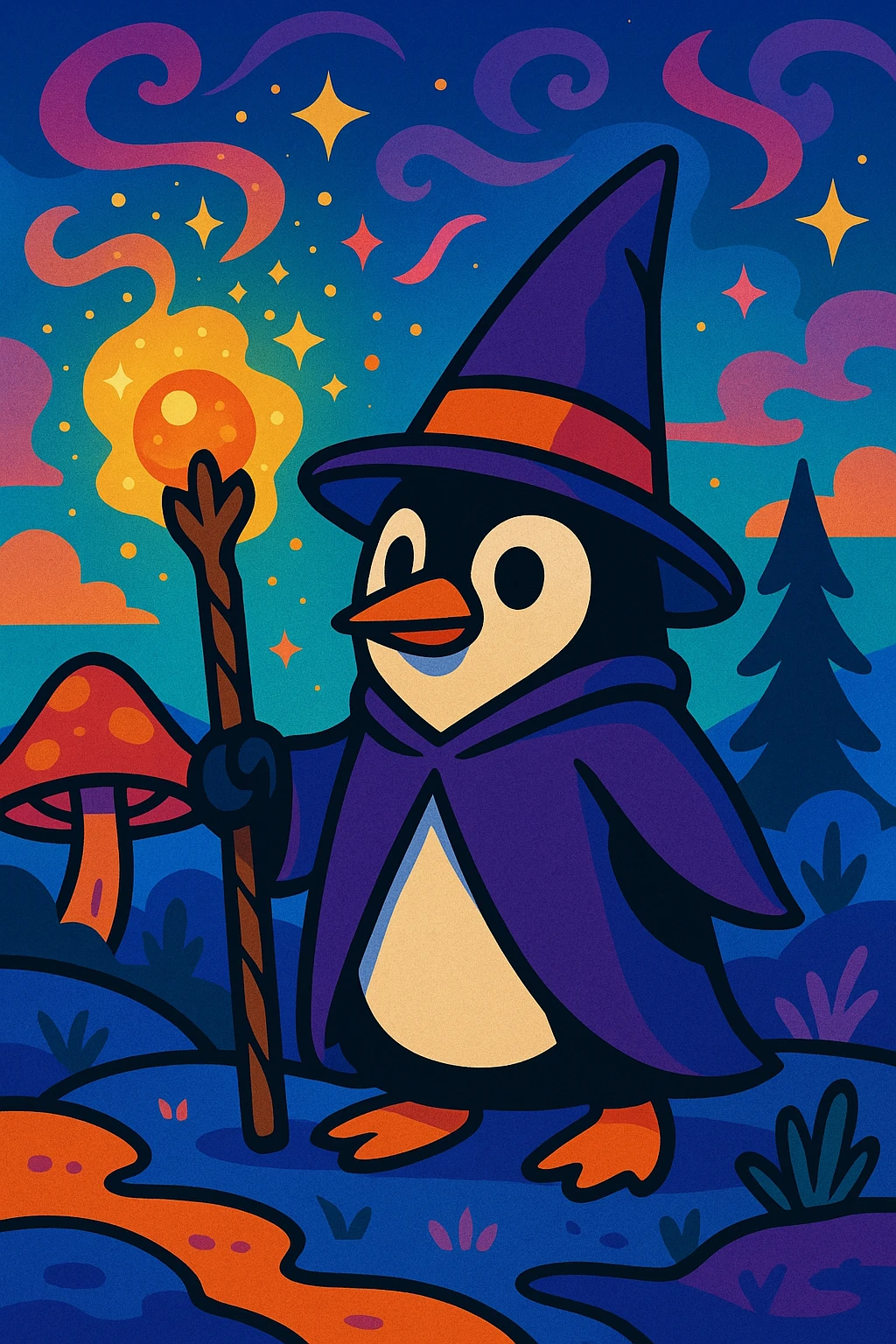 a penguin dressed as a wizard, wearing a pointed hat and holding a magic staff, in a magical setting, vibrant and whimsical style emoji