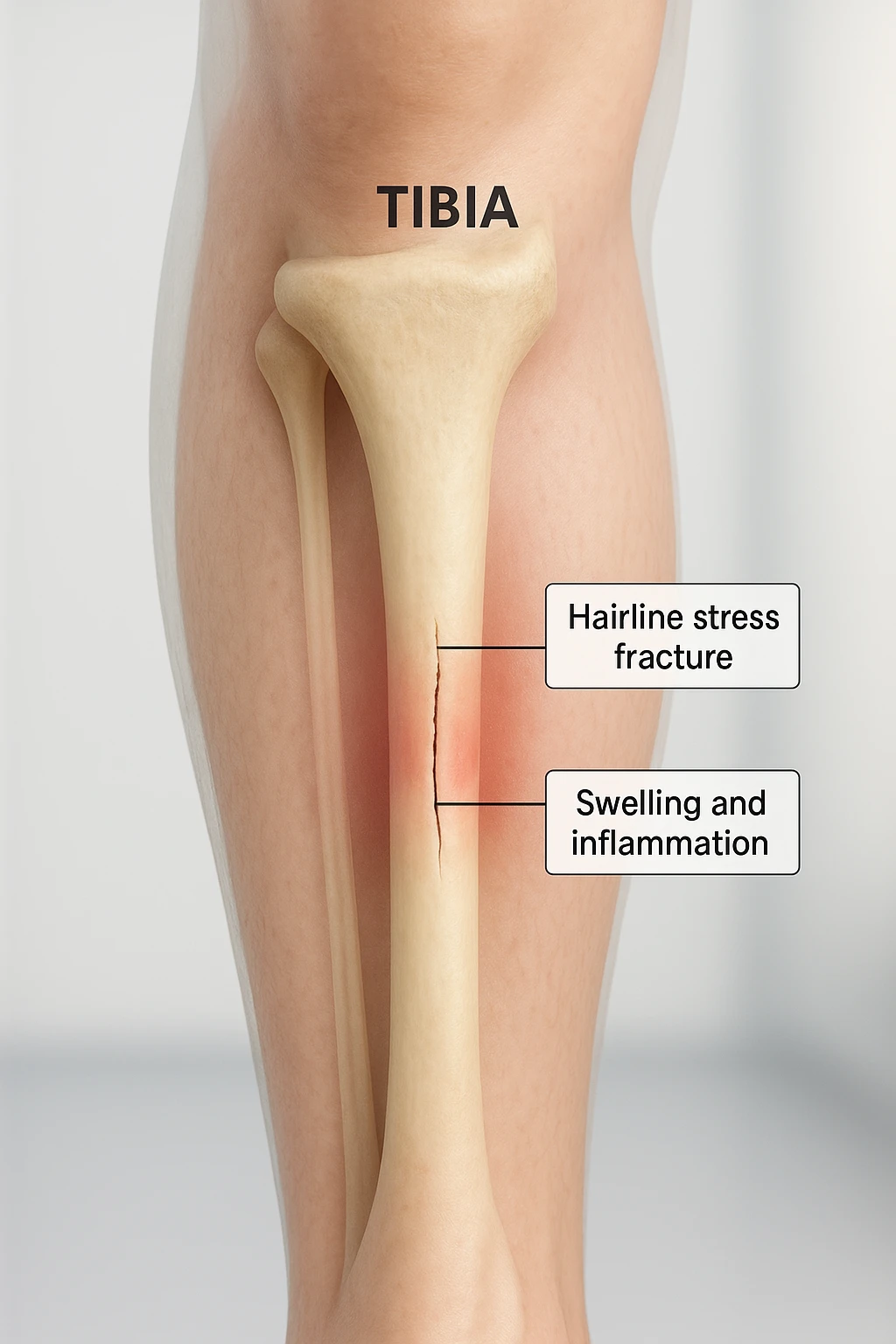 3D realistic medical illustration: a close-up of a human lower leg (tibia), showing the bone with a visible hairline stress fracture. The surrounding soft tissue is semi-transparent, highlighting mild swelling and inflammation. Educational labels point to the fracture site. The background is clean and clinical, with a subtle gradient. emoji