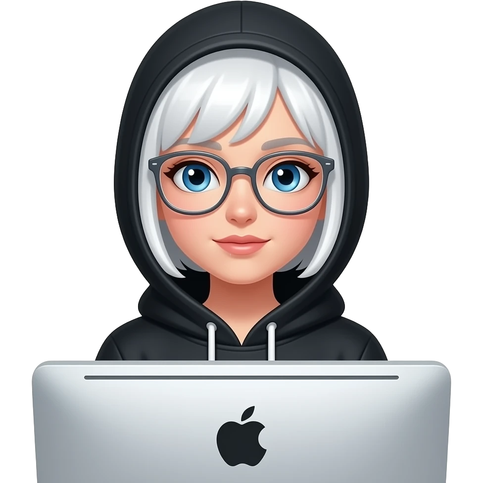 Create a designer girl with white hair, blue eyes, glasses, a black hoodie, transparent glasses, she is sitting at an Apple computer emoji