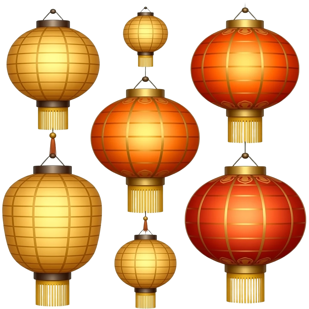 Golden, Orange, bronze, reddish Chinese lanterns flying emoji