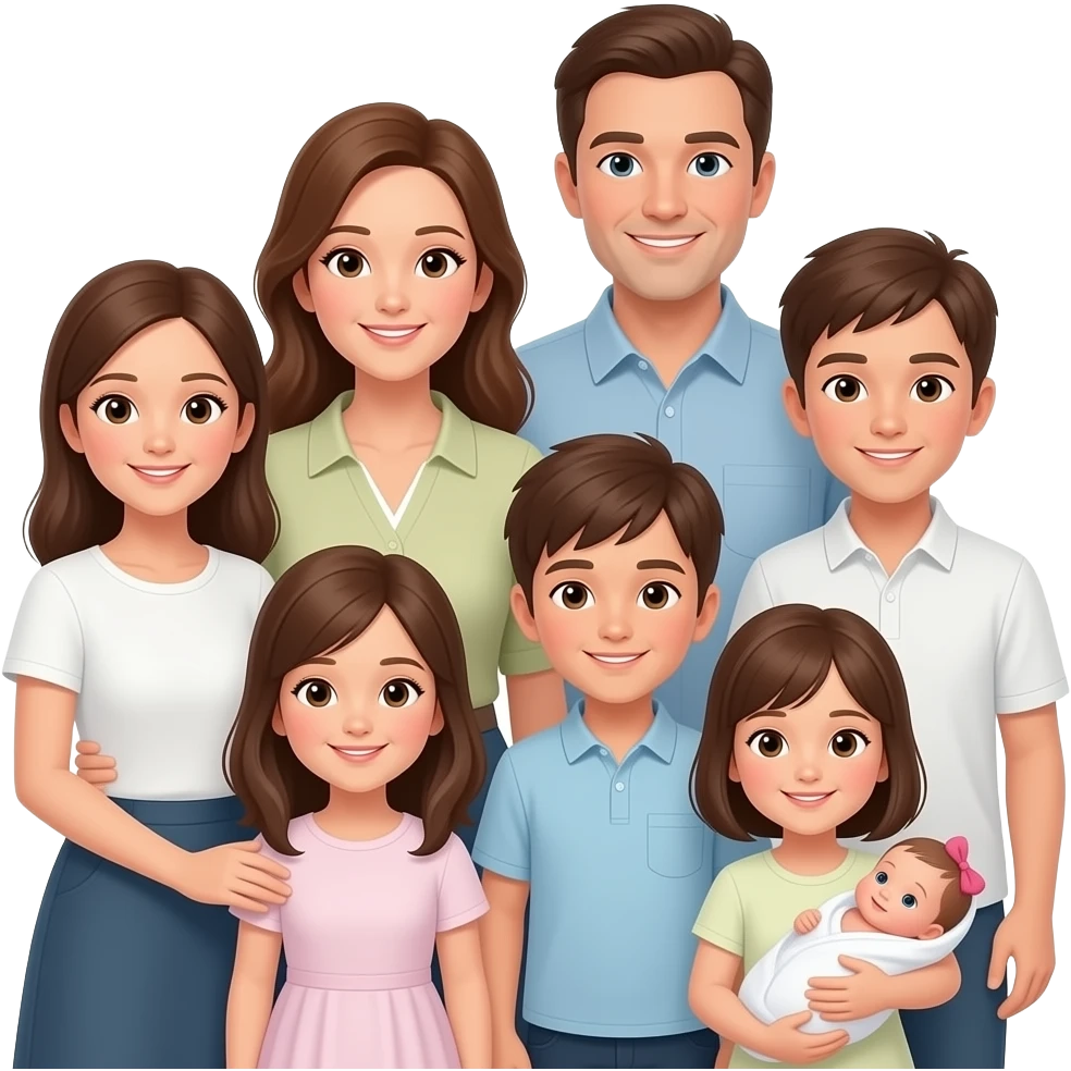 family of 8 white people and all with brown hair with 2 parents mom and dad with 6 kids 13 year old girl 10 year old boy 10 year old boy 8 year old girl small todler girl and newborn girl emoji