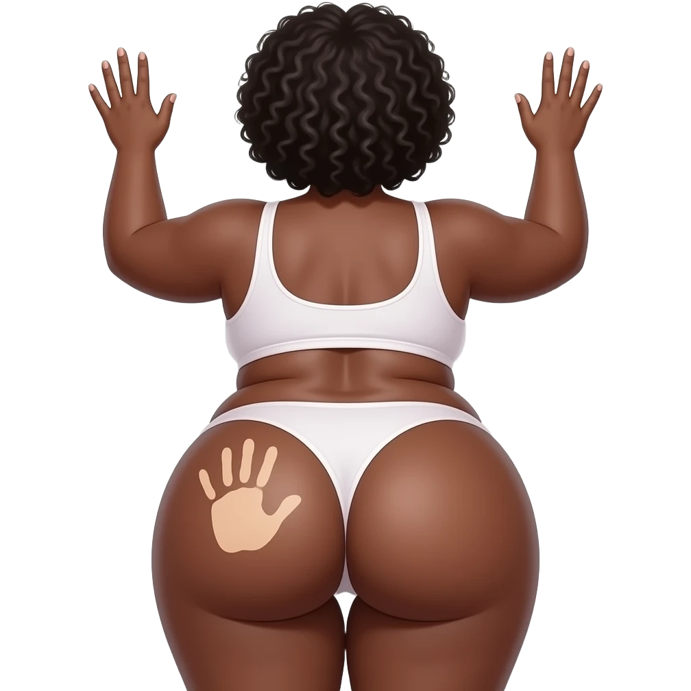 A extremely fat pink and white big booty African showing back her buttocks with putting her hands behind the wall with a skin colored hand print on her left buttocks emoji