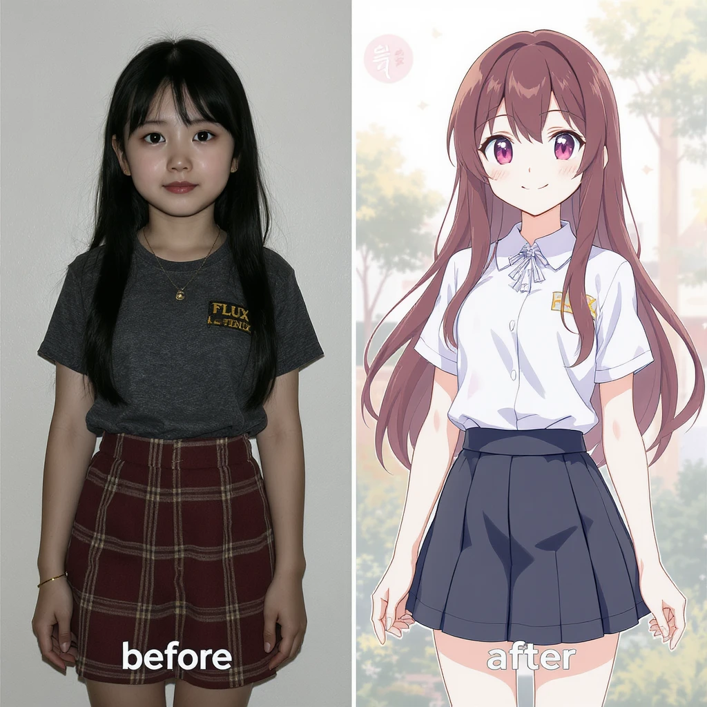 create before after image of a girl before is realsitic photo, after is anime version of her in same pose and clothes, add logo with text of a "FLUX Kontext Pro" emoji