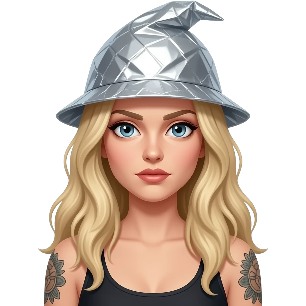 Small aluminum foil homemade hat conspiracy on blond woman long hair with arm tattoos emoji
