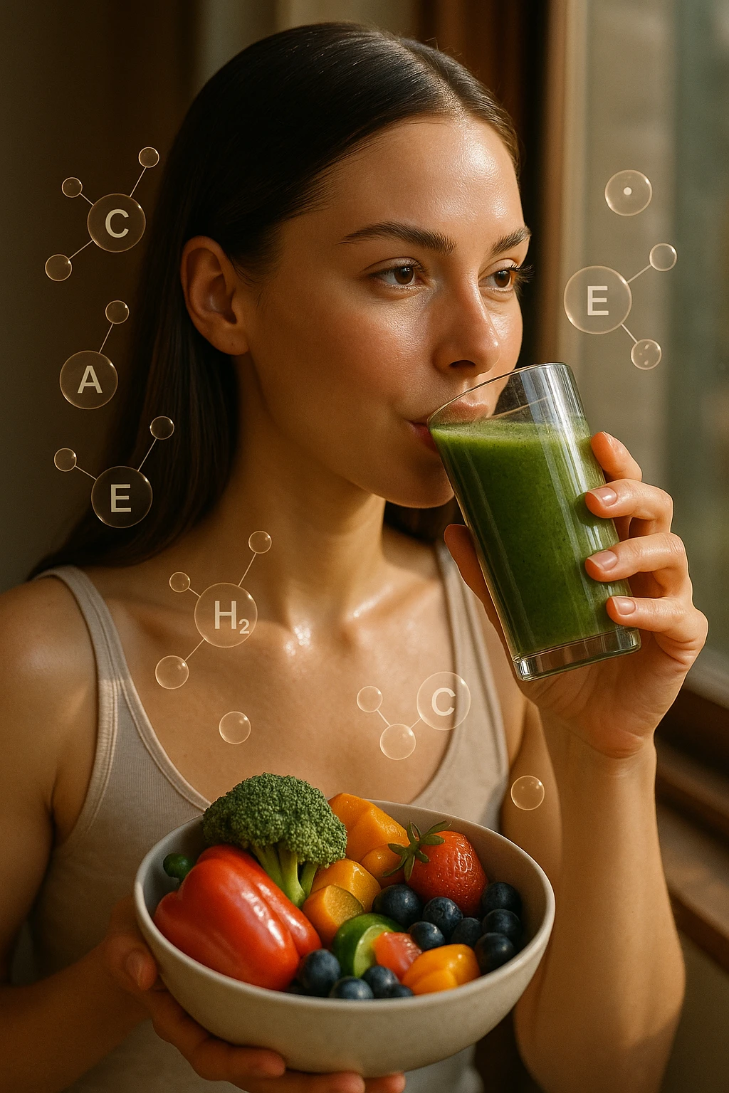 A highly realistic, cinematic portrait of a young woman in her late 20s with glowing, clear, healthy skin and a vibrant scalp with strong, shiny hair, symbolizing internal health reflecting outward. She has a calm, confident expression while sitting by a window with warm daylight softly illuminating her face, highlighting smooth, hydrated skin with a natural glow. Her hair appears clean, full, and strong, indicating a healthy scalp and balanced sebum production. She is drinking a glass of green smoothie rich in antioxidants and holding a bowl of colorful fruits and vegetables, symbolizing how internal nutrition supports skin and scalp health. Subtle, softly glowing overlays of molecular symbols for vitamins, minerals, and hydration molecules gently swirl around her, visually representing the concept of beauty and skin health from the inside out. Style: 35mm hyperrealistic film look, warm tones, soft depth of field, focusing on clear skin texture, healthy scalp, and vibrant hair to inspire holistic wellness emoji
