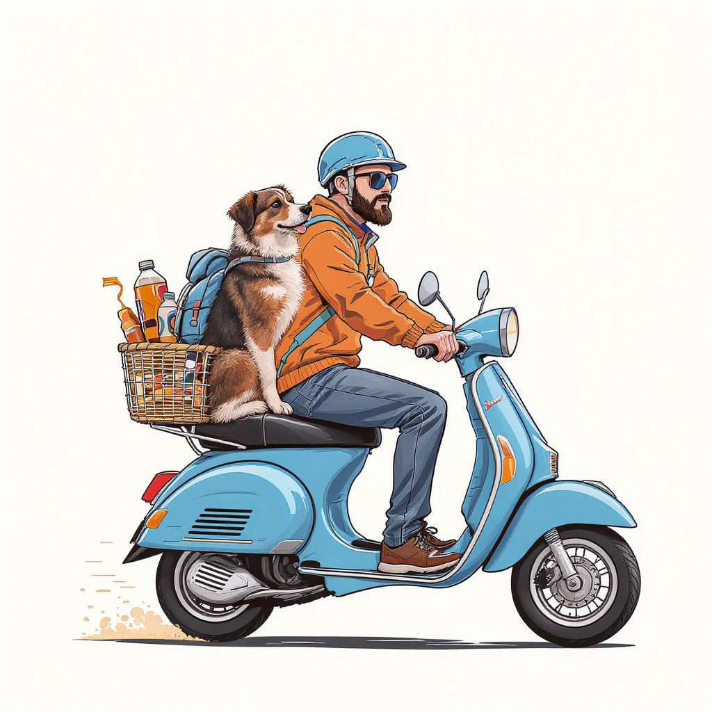 vector art of a man and his pet dog riding a vespa, for website design  emoji