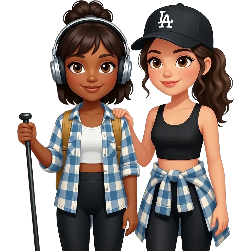 A black woman with bangs, a messy bun, headphones and shoulder length hair and a Hispanic Woman with dark blonde wavy hair in a ponytail wearing a black LA hat hiking in the forest with Bigfoot peaking behind a tree. Both wearing comfortable black leggings, tank tops and flannel emoji
