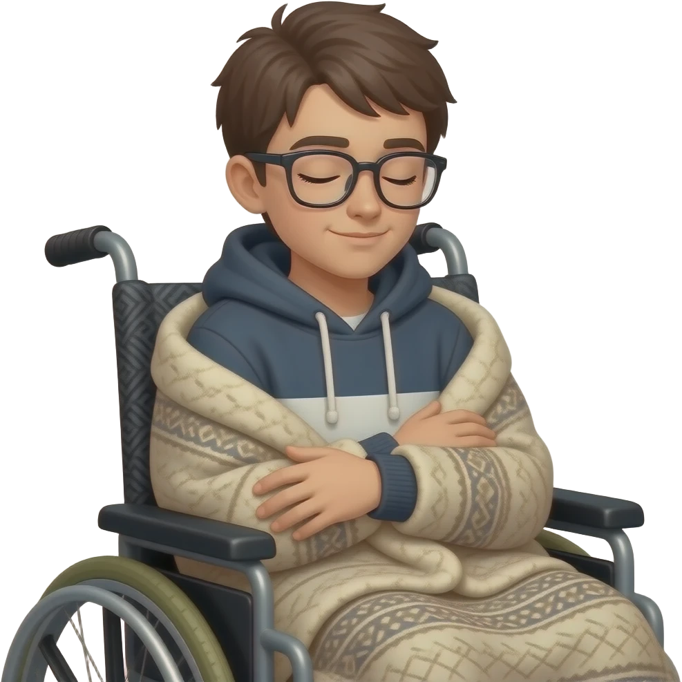 "Disney-style: Autistic teen with glasses and hoodie in a textured wheelchair, peaceful closed eyes. Soft embrace, specific textured details." emoji
