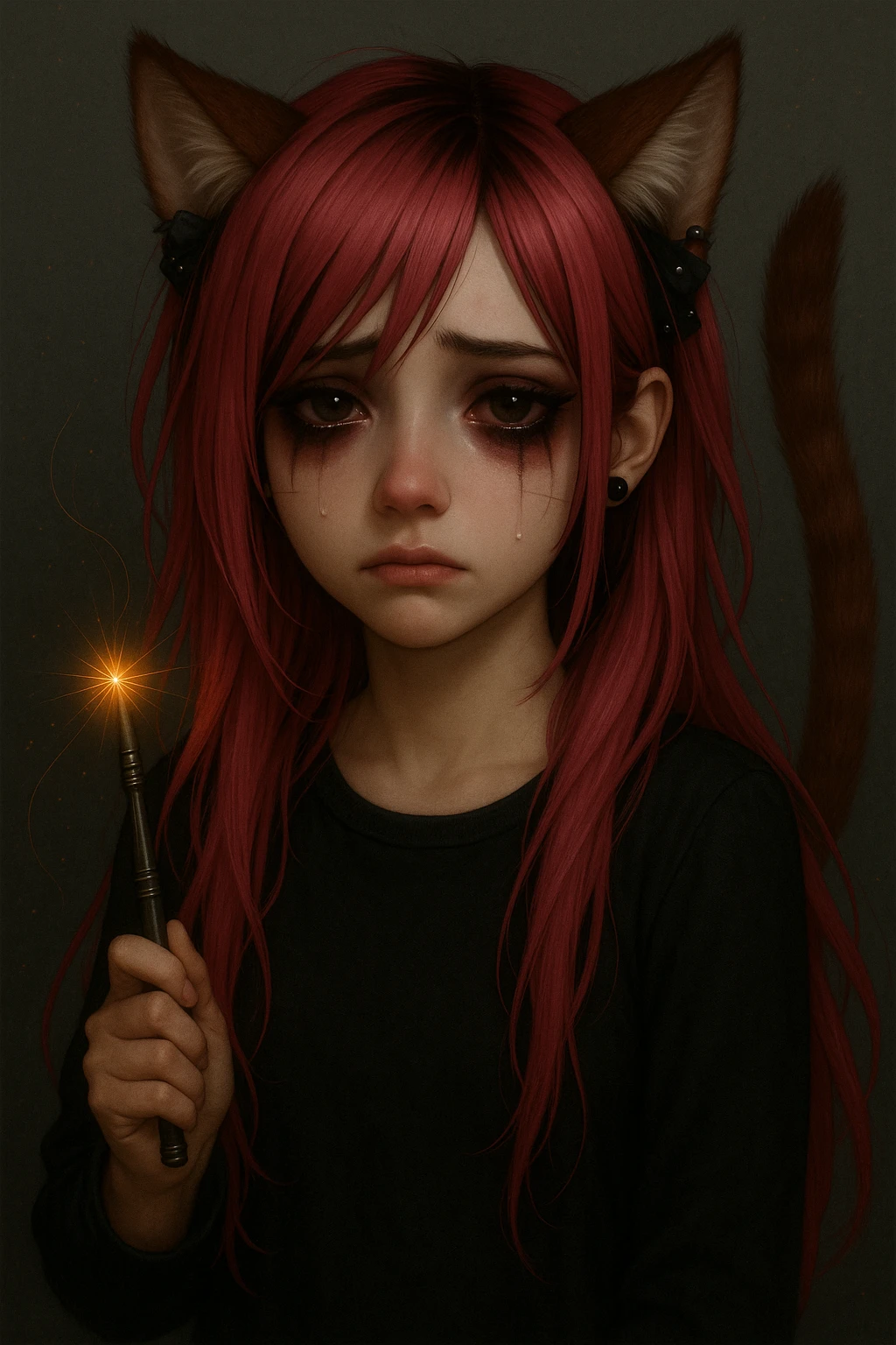 Transform the character into a realistic anime style with an emo aesthetic. Include side-swept bangs, darker makeup, black and pink accessories, and a moody vibe. Keep the sad expression, pink hair, magical accessory, and sparkles as in the original image. emoji