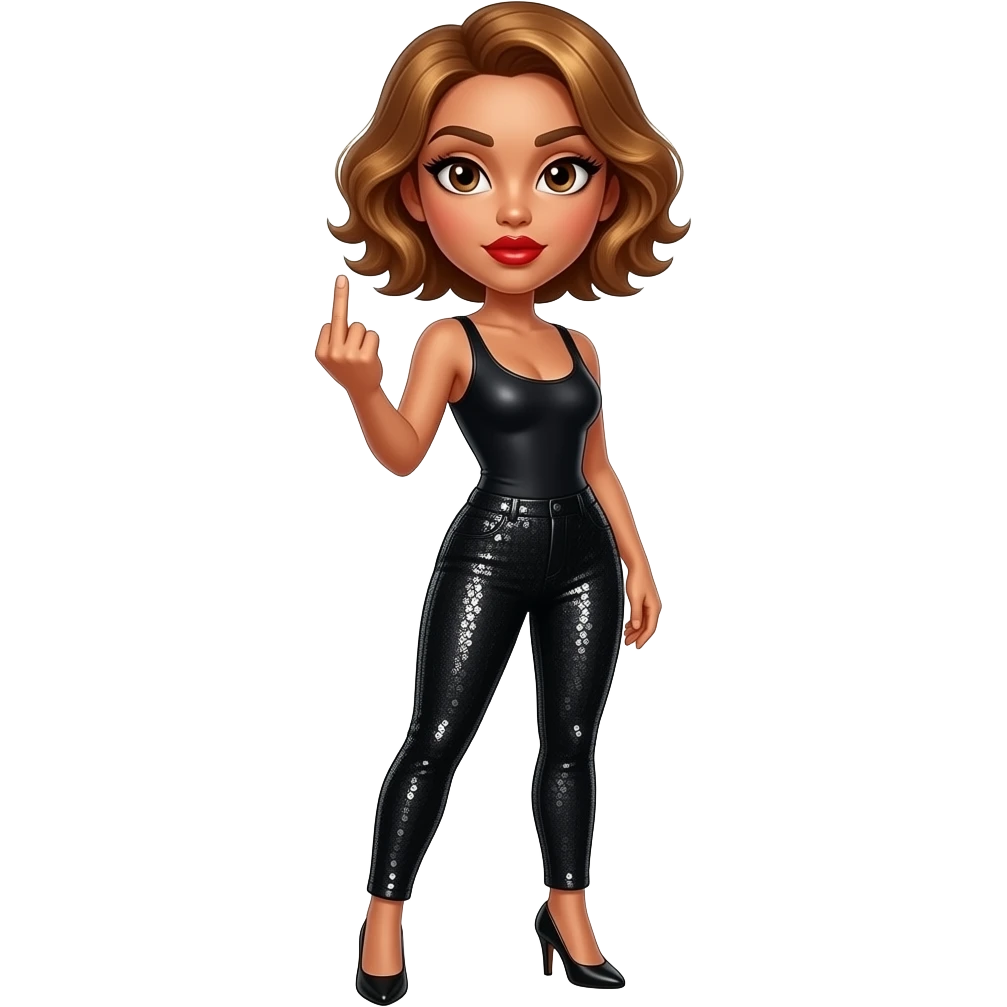 glamours,-tanned,-very-beautiful-woman-with-big-plump-red-lips,-long-long-lashes,-honey-silky-very short- hair,-wavy-hair,-hazel-eyes- wearing-black-bodysuit-and-black-sequinned-pants-black-black stilettos-and-sticking-up-middle-finger-full body emoji