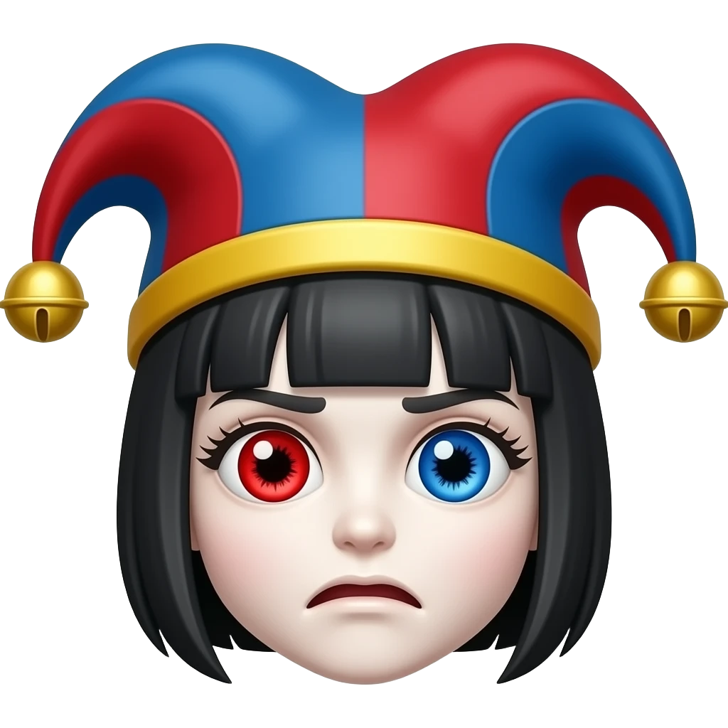Pomni has a white face with red and blue pinwheel eyes and asymmetrical lashes. She wears a short black bob under a red and blue striped jester hat with two bells and a yellow brim. When panicked, her pupils turn into scribbles. and give it no eyebrows and nose and only keep the head no body emoji