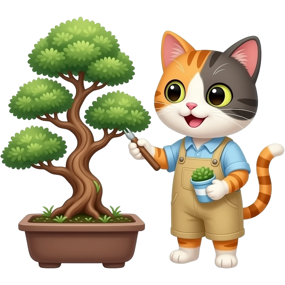 a happy cat tending to a bonzai tree emoji