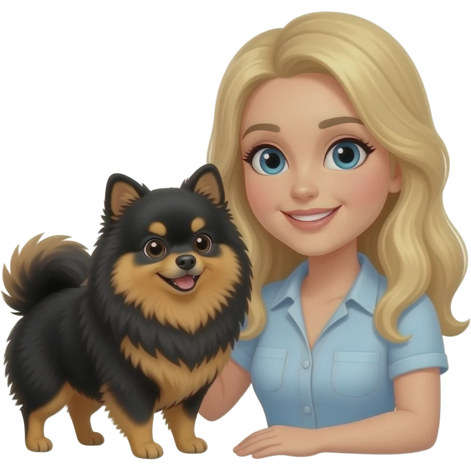 Lulu da pomerania preto e marrom parabenizando uma mulher loura pelo aniversário emoji