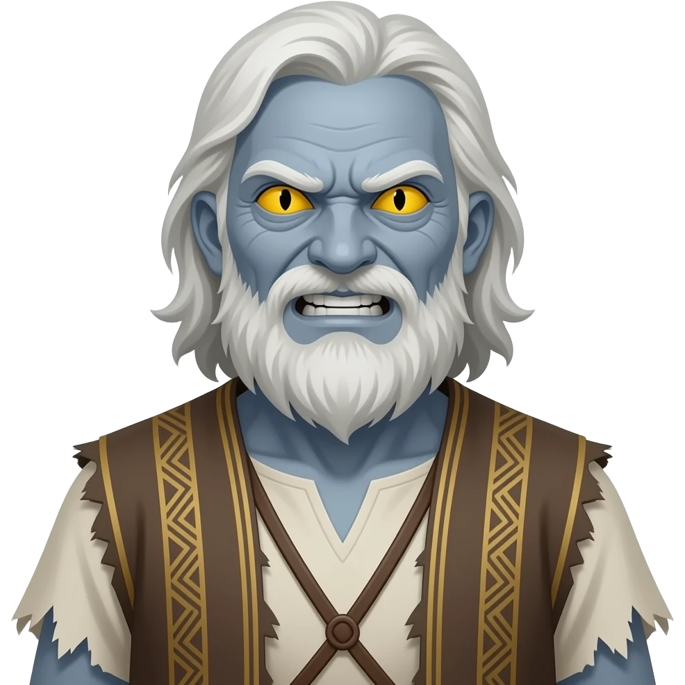 A full bodied slender old man with ashen colored skin, yellow serpent eyes with slim black slits for pupils and demonically possessed man that has an angry smile on his face, wearing tattered clothing from biblical times emoji