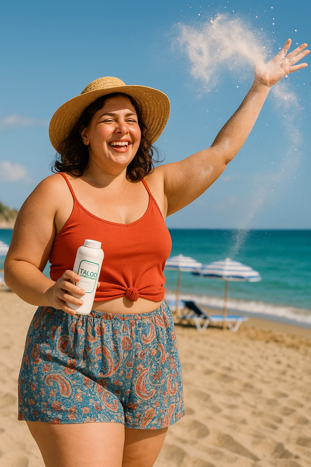 Donna in spiaggia che butta il borotalco italiano, la donna è intorno ai 66kg emoji