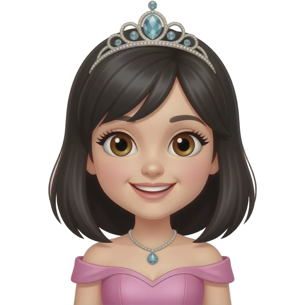 Gere um emoj de uma linda princesa de pele clara,cabelo médio na altura do ombro,liso,preto, olhos castanhos,orrindo. Ela possui cilios grandes com extensao de cilios, ela esta vestida com um vestido rosa, e uma linda coroa de diamantes  cabeça. Ela aparenta ter mais ou menos 20 anos emoji
