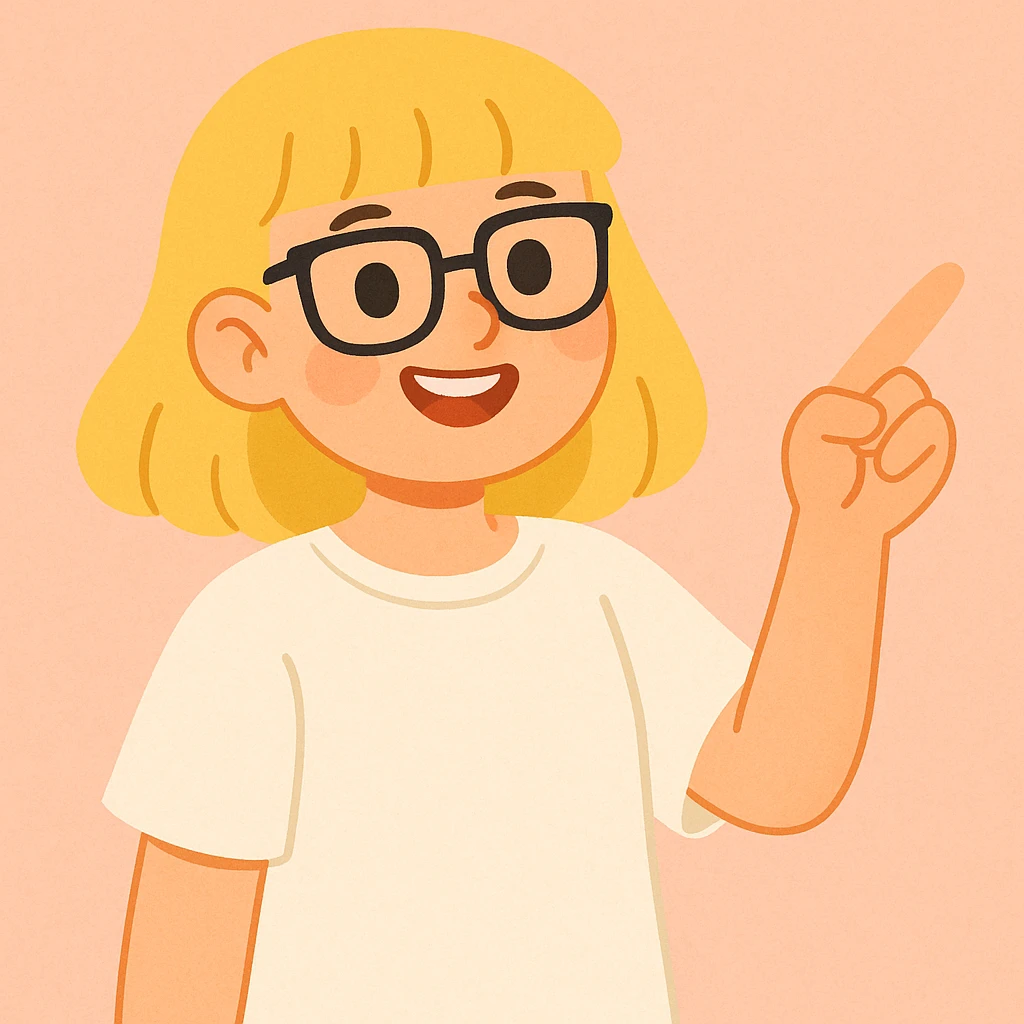 Smiling girl with blonde hair, bangs, and brown eyes, wearing black square glasses and a white oversized T-shirt, pointing her finger up to the right, soft pastel illustration style emoji