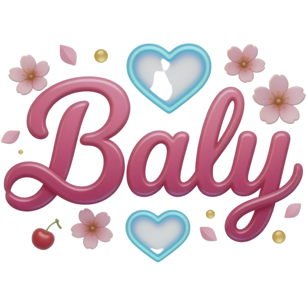 A sleek, hot pink text 'Baly' adorned with satin ribbons and glowing neon-blue hearts. Surrounded by floating cherry blossom petals and golden bokeh. Vibrant, modern, and feminine with a cinematic glow emoji