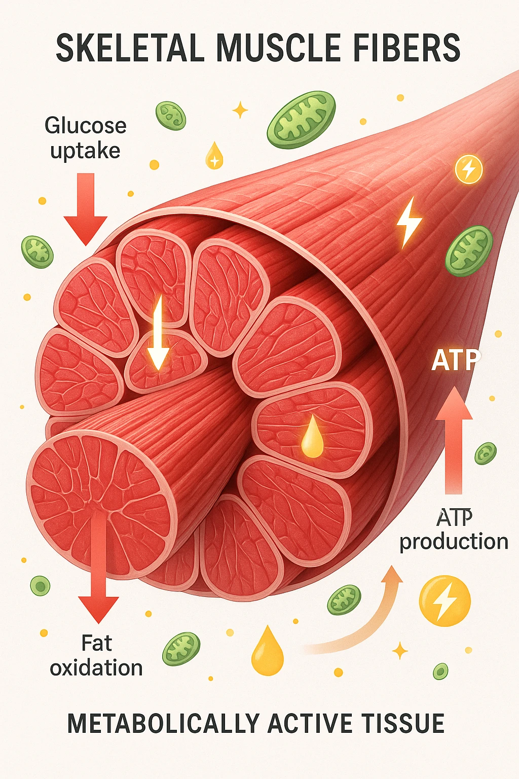 a highly detailed cross-section of human skeletal muscle fibers, shown in vibrant red and pink tones, with visible striations and realistic texture. Glowing arrows and animated icons represent active metabolic processes—such as glucose uptake, fat oxidation, and ATP production—occurring within the muscle tissue. Surrounding the muscle, floating symbols for mitochondria and energy highlight its metabolic activity. The background is clean and clinical, with subtle labels and infographics explaining that muscle is a metabolically active tissue. The overall style is modern, scientific, and visually engaging, suitable for educational or medical use. in italiano emoji
