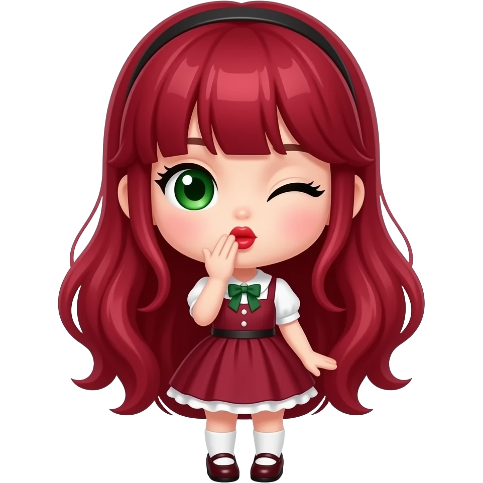 A chibi girl with ruby red hair. Green eyes. Winking. ruby red lips. hand to lips blowing kiss emoji