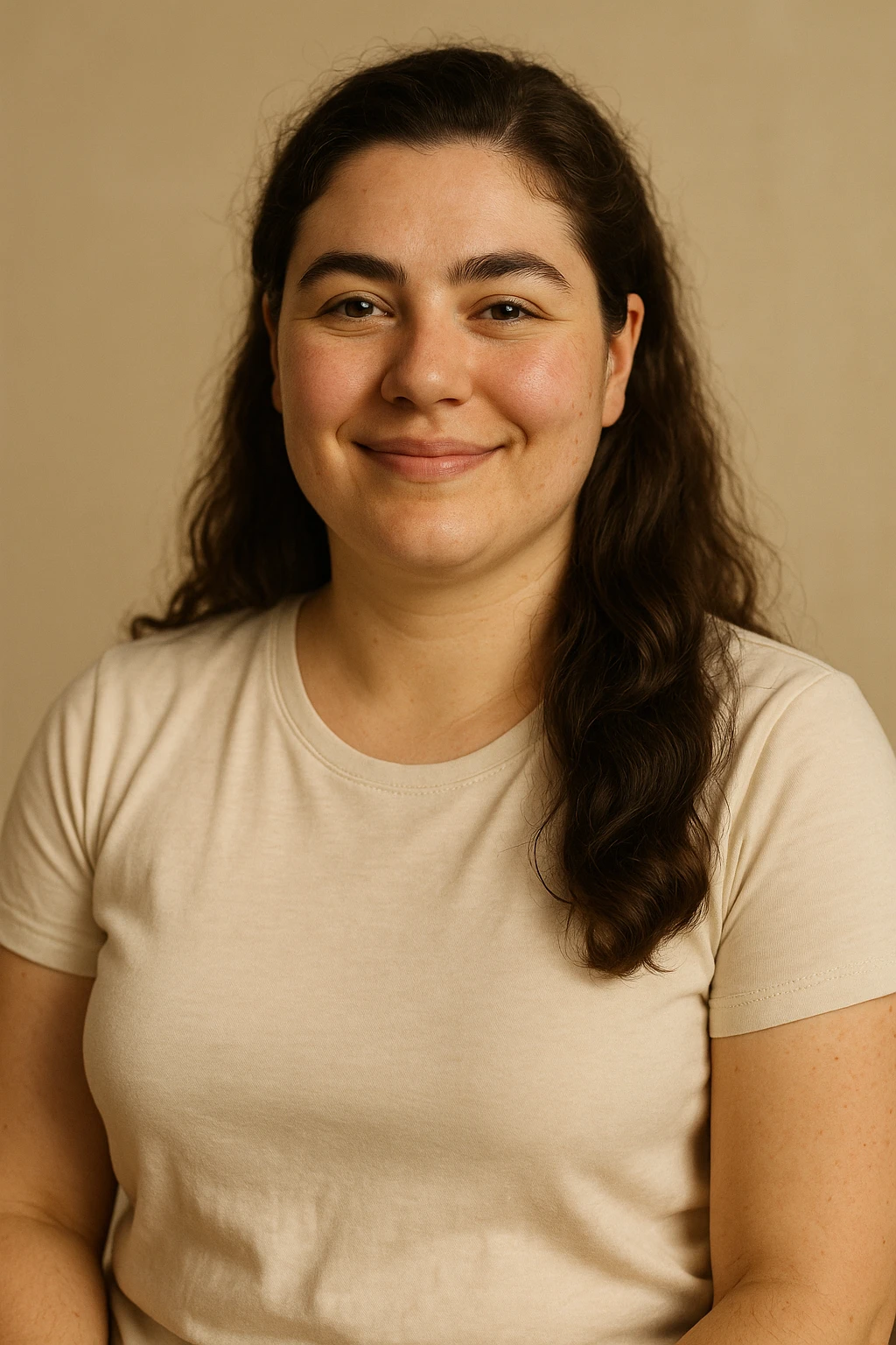 realistic portrait of a woman with PCOS who has reduced symptoms, relaxed and happy face, well-cared skin, thick hair, confident posture, signs of general wellness, reduction of premenstrual symptoms, clinical style, warm lighting, vertical 2:3, no text emoji
