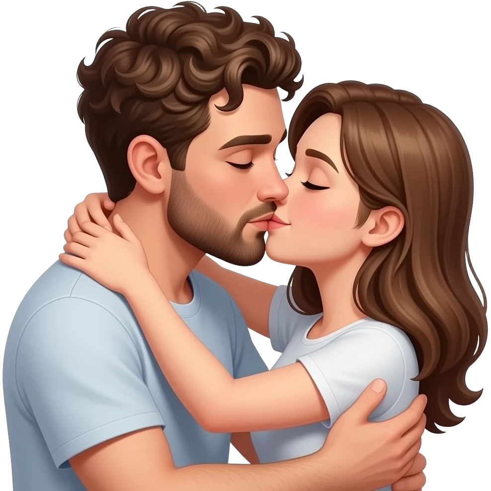 Realistic white man brown super short curly hair with beard kissing passionately and hugging realistic white girl brown hair emoji