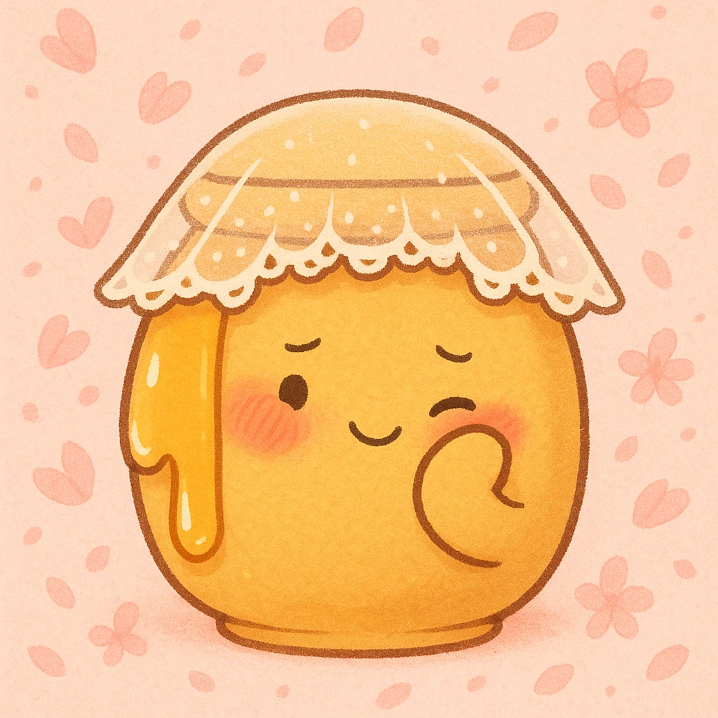 cute honeypot with lace veil, blushing cheeks, small smile, hiding bashfully behind its arm, honey drips down, petal-filled blush pink background emoji