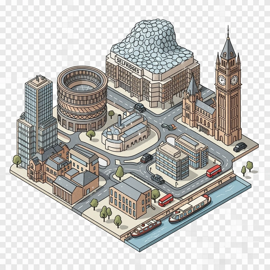 Isometric illustration of the Birmingham with iconic cities landmark, miniature slightly hand-drawn style, transparent background. emoji