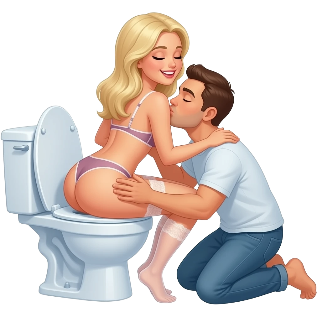 White blonde woman in lingerie sits backwards on open toilet spreading her butt cheeks open while man kneels behind her kissing her butt. Eyes closed smiling emoji