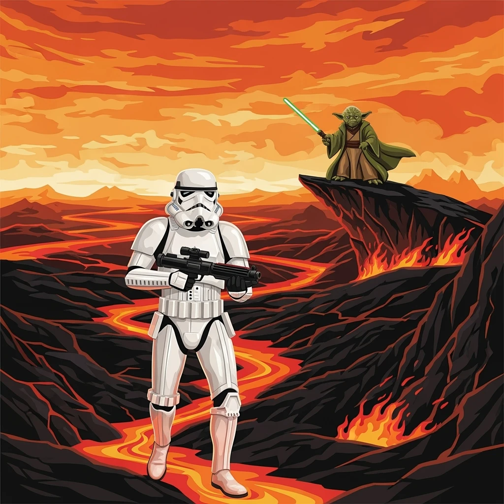 vector art of a Starwars stormtroopers is walking on lava planet with yoda, battleground background 
 emoji