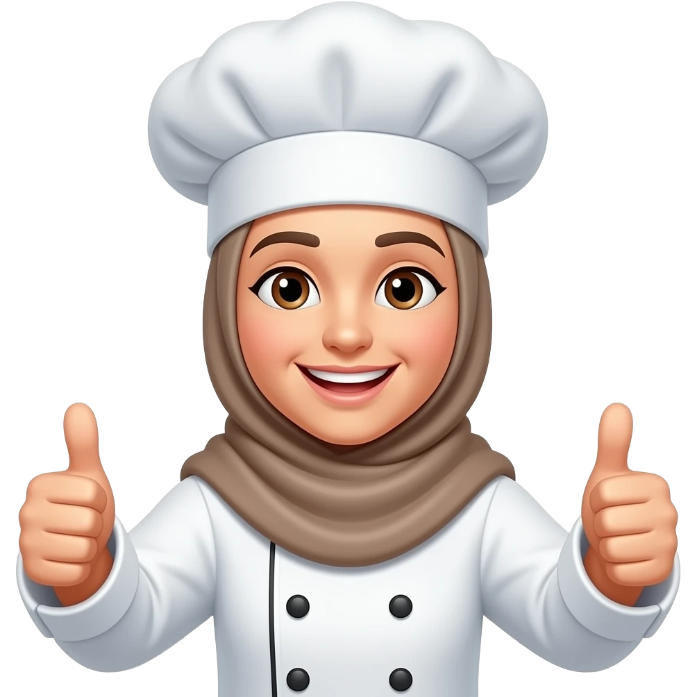 Buatkan koki berhijab yang tersenyum dan kedua tangannya menunjukkan jempol emoji