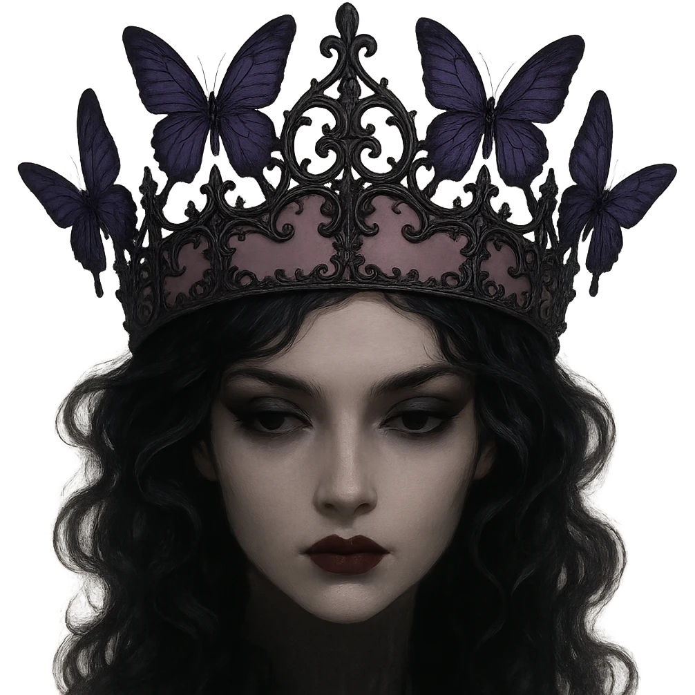butterfly crown with matte pink base, purple butterflies, gothic filigree, mysterious and elegant, transparent background emoji