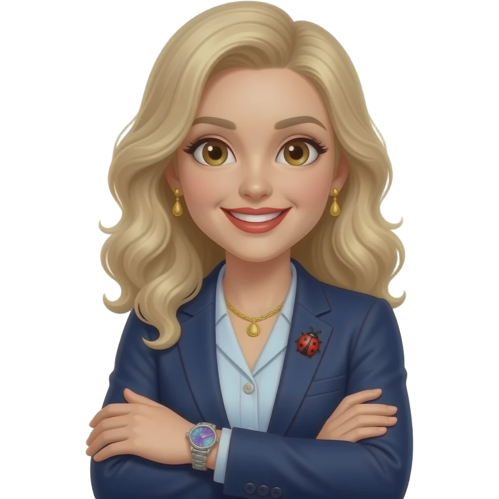 whiteskin + lightly-wavy-blonde-hair-+-big-light-brown-eyes-with-spark-+-happy-teeth-smile-+--gold-color-necklace and earring-+-armwatch-with-blue&pink-hologram-dial-and-silver-band-+-red-lipstick-+-dark blue-blazer and shirt with ladybug brosch on shirt 2nd button  (2) emoji