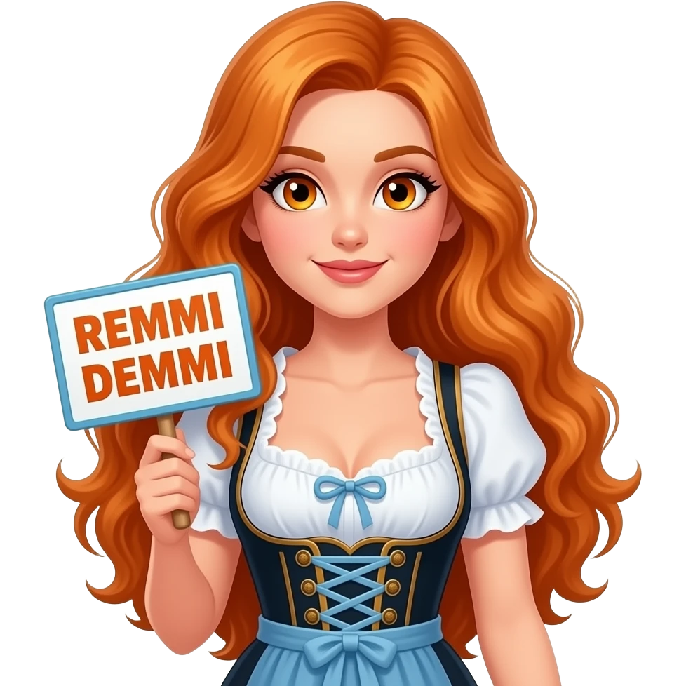 sexy girl with overlong ginger hair and ginger eyes wearing a dirndl holding REMMI DEMMI sign emoji
