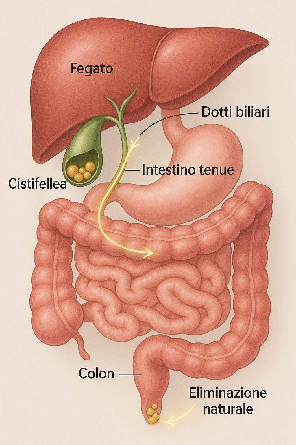 A realistic, educational medical illustration showing the human digestive tract focusing on the liver, gallbladder, bile ducts, and intestines. The gallbladder is depicted with small gallstones inside. A soft glowing arrow indicates the flow of bile and small stones moving naturally from the gallbladder through the bile ducts into the intestines. In the colon, small softened gallstones are shown being prepared for elimination, symbolizing their removal through bowel movements. The style is clean, precise, and clear with soft anatomical colors (greens, soft reds, and yellows) and faint glowing arrows to illustrate the process. The background is a subtle neutral gradient to keep the focus on the organs and the pathway. The image conveys the concept of natural gallstone elimination through the intestines via the stool in a clear, non-graphic, and educational way in italiano emoji